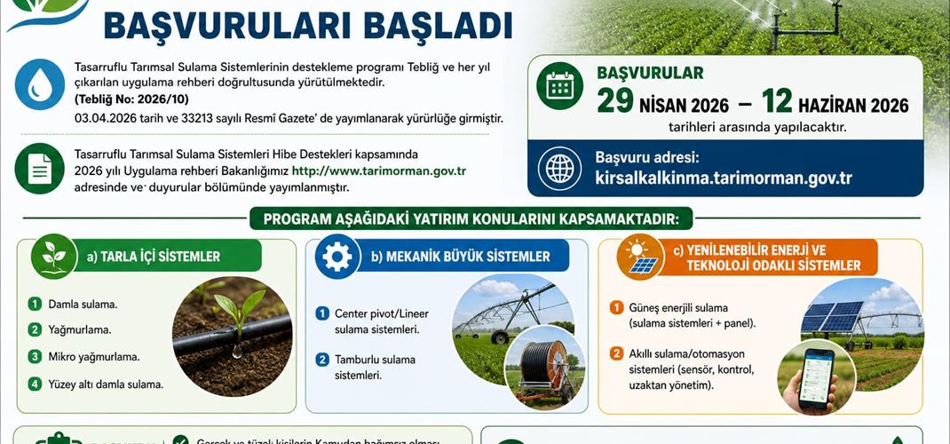 2026 YILI BİREYSEL SULAMA SİSTEMLERİNİN DESTEKLENMESİ PROJESİ BAŞVURULARI BAŞLADI